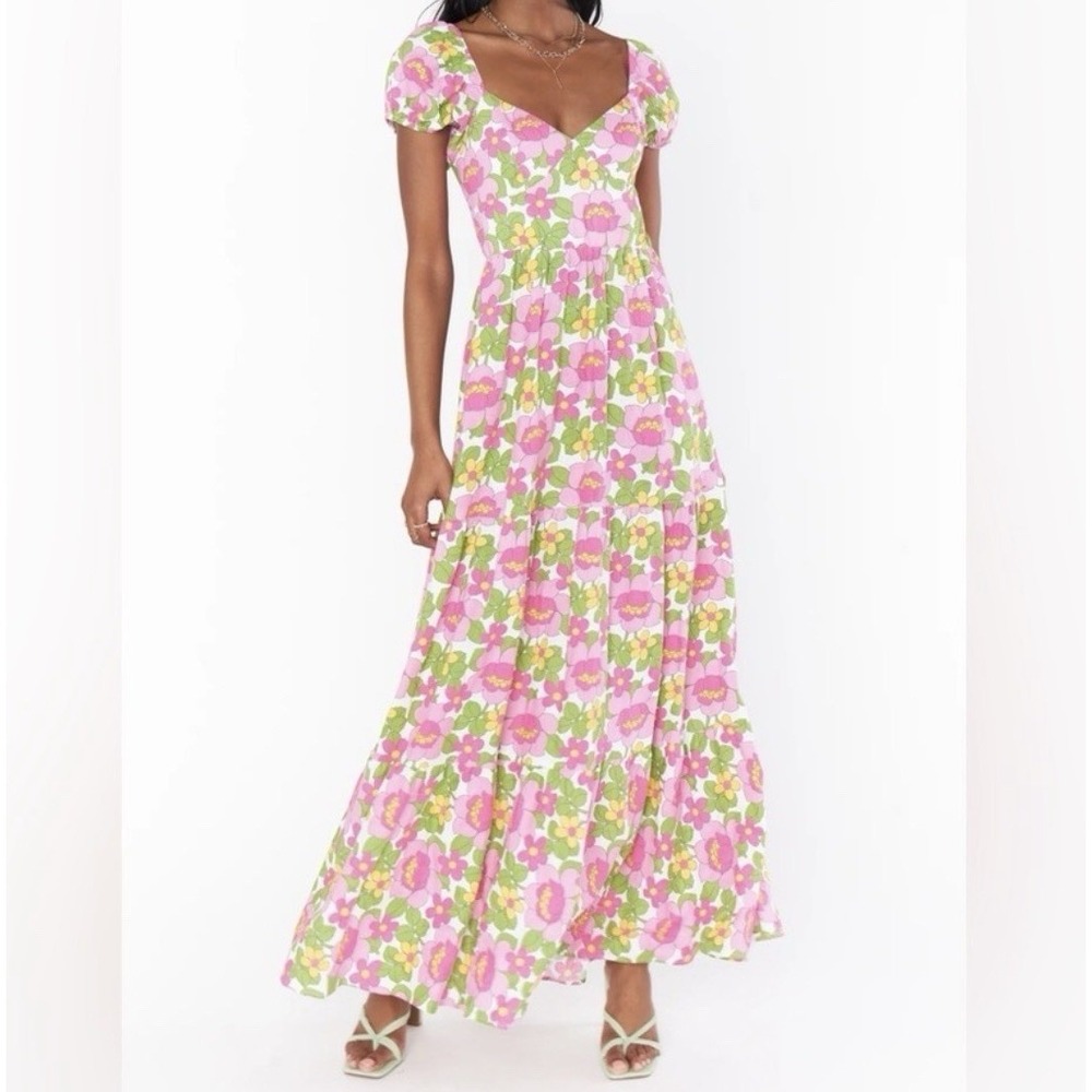 Show Me Your Mumu Cathy Linen Blend Puff Short Sleeve Maxi Dress Fresh Floral XS